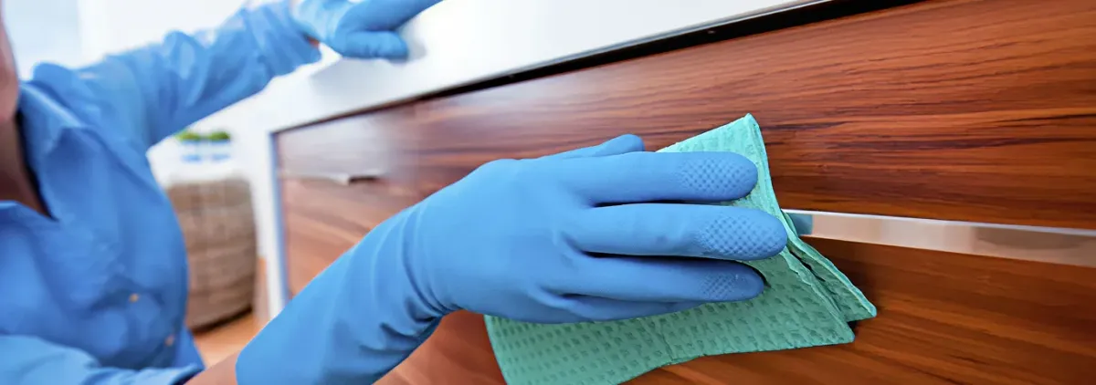 Cleaner wearing blue gloves wiping a wooden cabinet drawer with a microfiber cloth for dust and grime removal, Phoenix, AZ.
