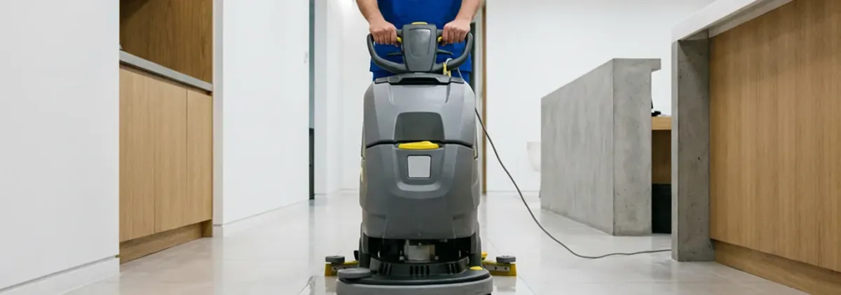 Janitorial staff using a floor scrubber machine to clean a commercial hallway, Phoenix, AZ.