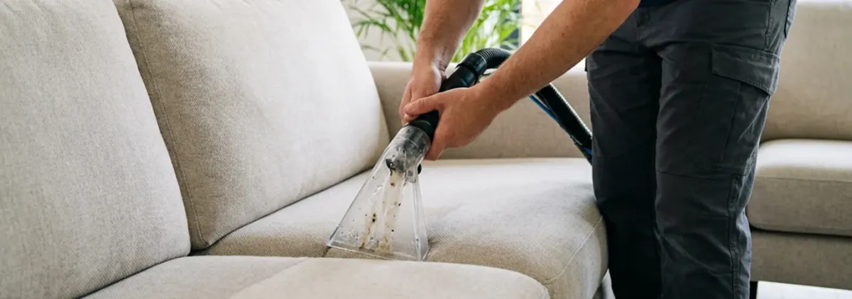 Technician extracting dirt and moisture from a fabric sofa with an upholstery cleaning wand, Phoenix, AZ.